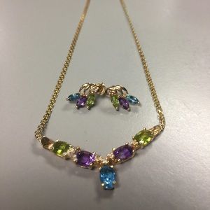 14K Gold Mixed Gem Necklace and Earrings